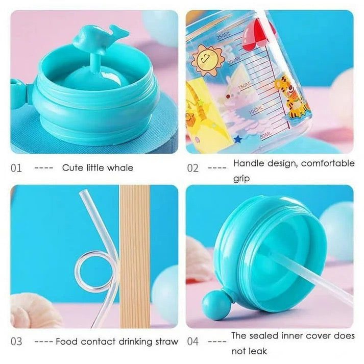 Cute Whale Design Leak-Proof Kids Water Bottle with Spiral Straw – 260ml BPA-Free Sippy Cup