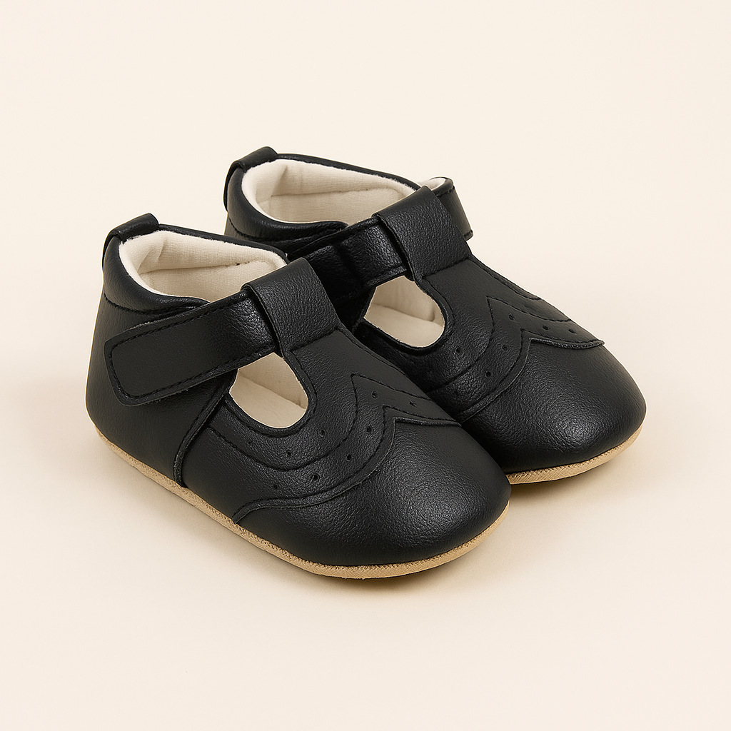 Classic Black Faux Leather Baby Shoes – T-Strap Design