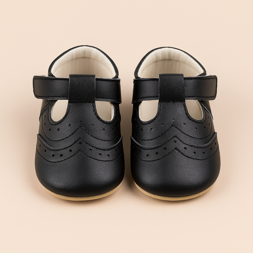 Classic Black Faux Leather Baby Shoes – T-Strap Design