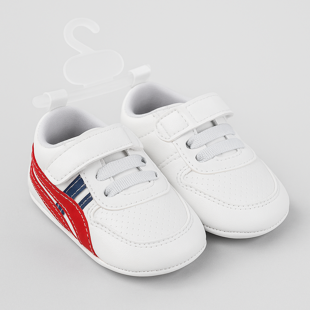 Baby Boy White Sneakers with Red & Blue Stripes – Soft Sole Shoes