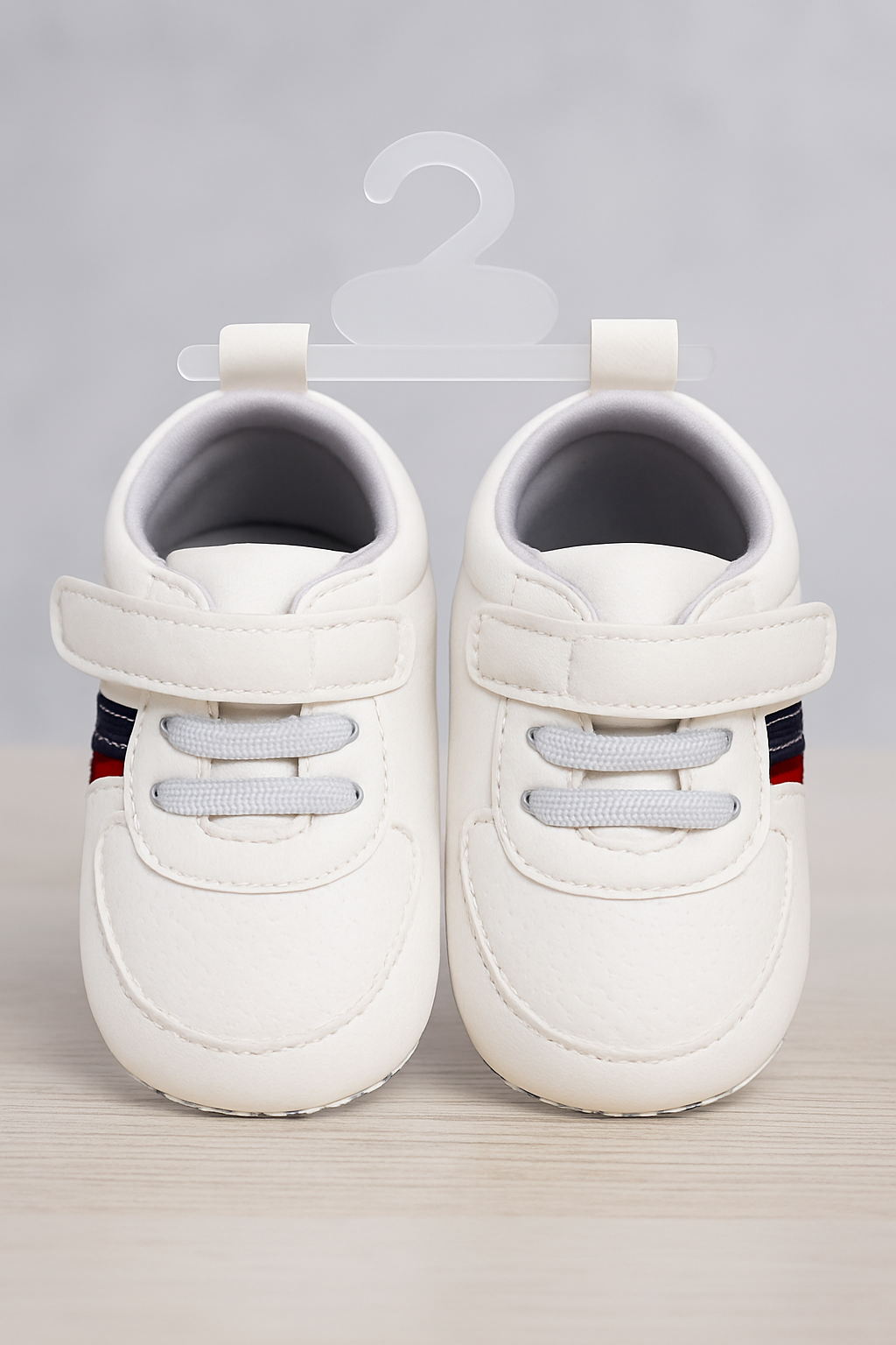Baby Boy White Sneakers with Red & Blue Stripes – Soft Sole Shoes