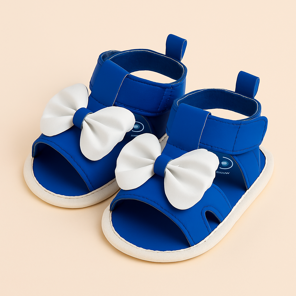 Baby Girl Blue Sandals with White Bow – Soft Sole Summer Shoes