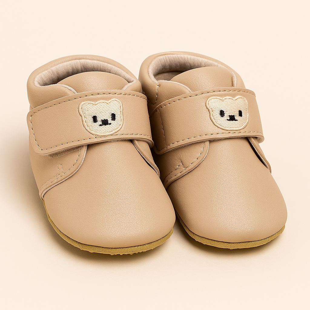 Baby Beige Leather Shoes with Bear Patch 🐻✨