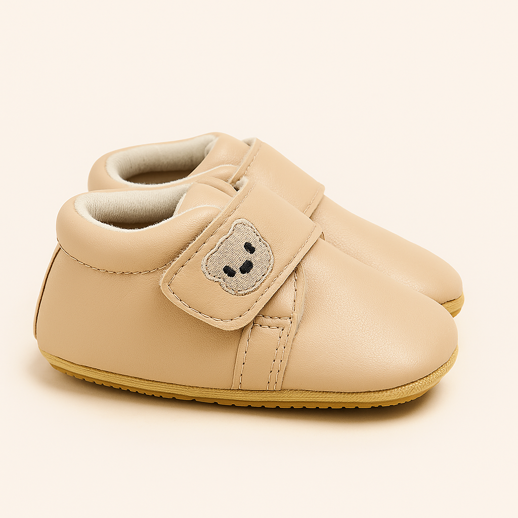 Baby Beige Leather Shoes with Bear Patch 🐻✨