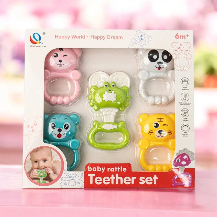 Baby Rattle & Teether Set – 6 Animal Designs (6 Months+)