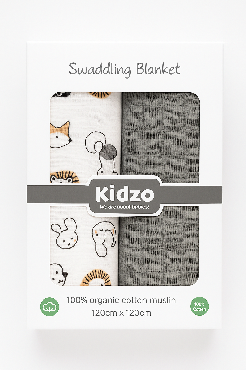 Kidzo 100% Organic Cotton Muslin Swaddling Blanket Set – 2 Pack (120x120 cm)