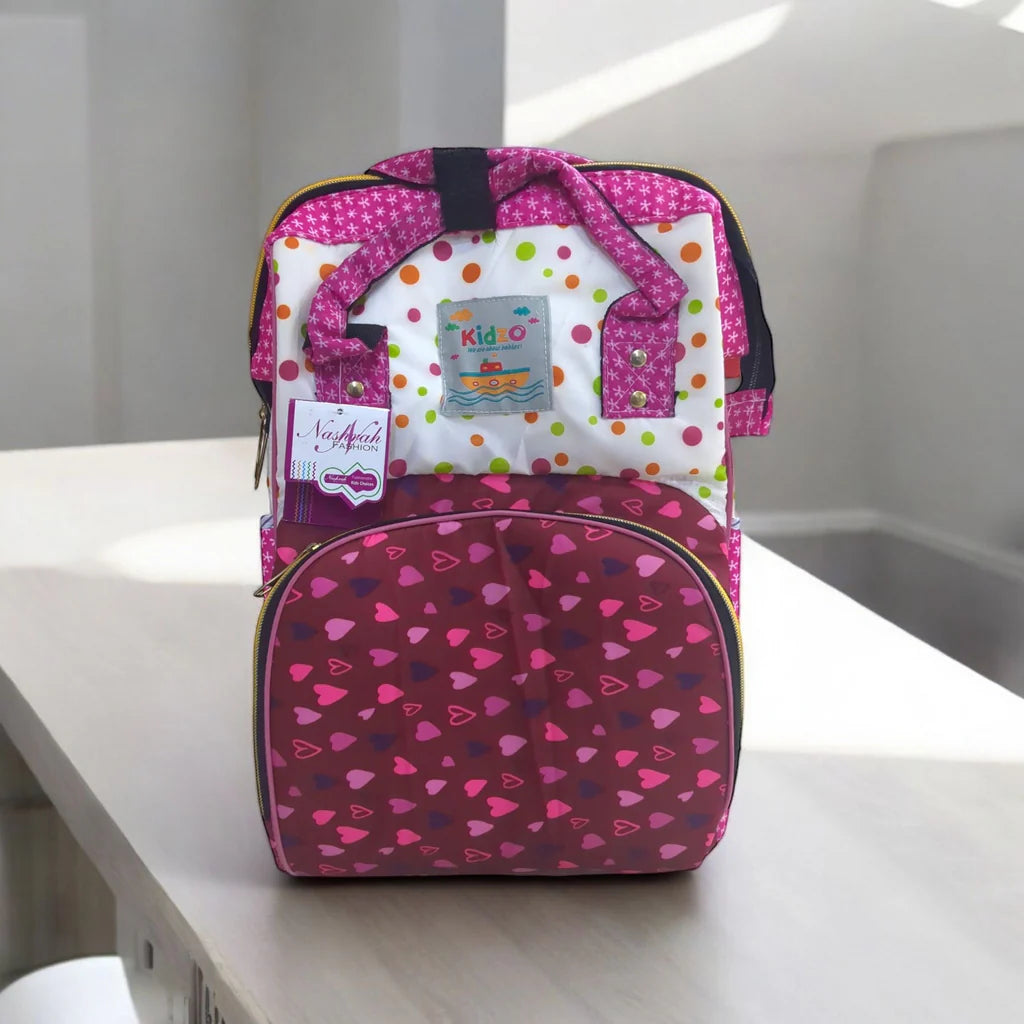 Trendy Baby Diaper Backpack with Heart and Polka Dot Design